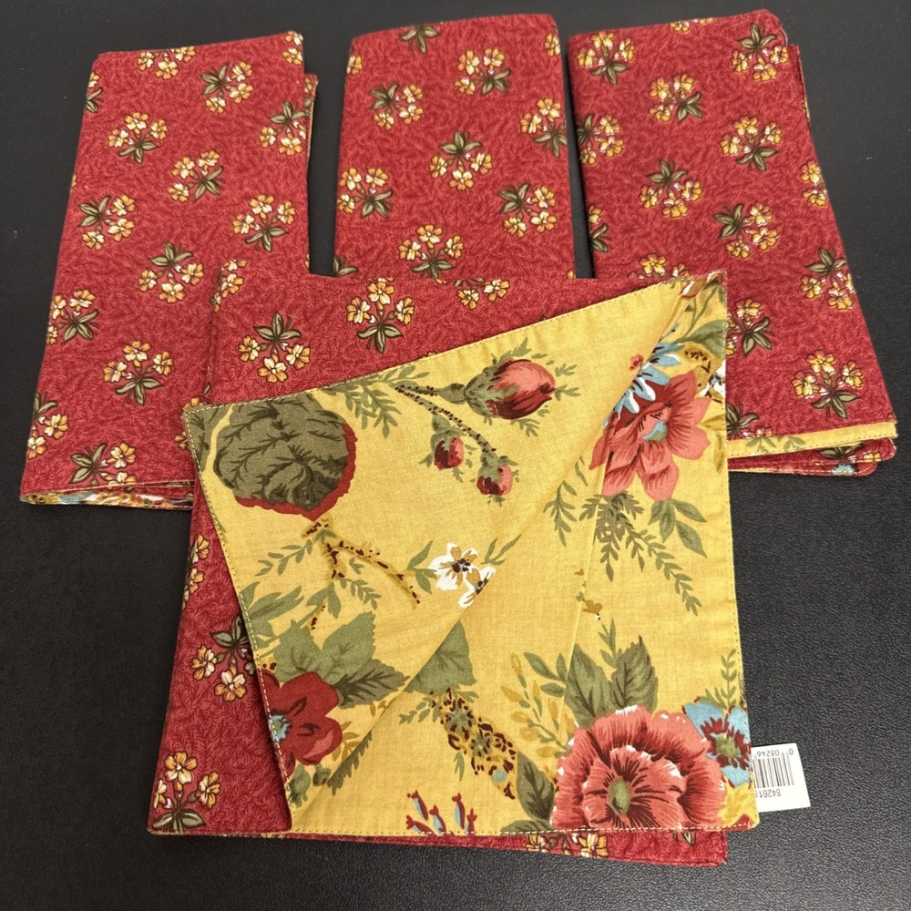 French Country Cloth Napkins 100% Cotton Mustard Yellow 16" Floral Set Of 4